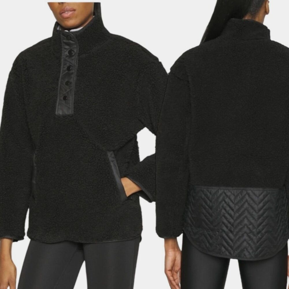 Athleta Cozy Sherpa Snap Black Sweatshirt Pullover Size L
